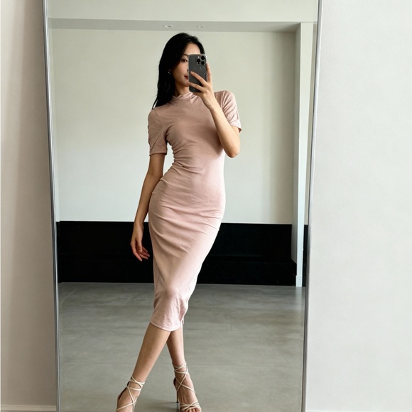 naked wardrobe Dresses & Skirts - Naked Wardrobe Blush Mock Neck Midi Dress – Sculpted Minimal Luxe